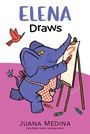 "ELENA Draws. Juana Medina. Ein blauer Elefant malt angestrengt auf einer Staffelei, während ein roter Vogel zuschaut."