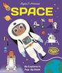 Text: "Ingela P. Arrhenius, SPACE, An Explorer's Pop-Up Book".
Illustration: Ein fröhlicher Astronaut, Weltraumfahrzeuge, Raketen und Planeten.