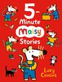 Text: "5-Minute Maisy Stories" von Lucy Cousins. Illustration mit Mäusen in bunten Szenen auf rotem Hintergrund.