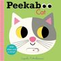 Titel "Peekaboo Cat", Illustration einer Katze mit gelben Augen, grauem Fleck, rosa Nase. Text: "With sliders and a mirror!".
