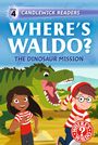 Text: "Where's Waldo? The Dinosaur Mission". Illustrative Darstellung: fröhliches Mädchen und Junge vor Dinosaurier.