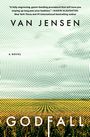 "VAN JENSEN, A Novel, GODFALL. Zitat von Karin Slaughter. Illustration: Spiralmuster über einem Feld."