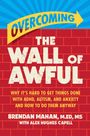 "Overcoming the Wall of Awful" in großen weißen Buchstaben auf rotem Ziegelmauer-Hintergrund, blauer Himmel.
