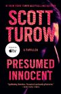 Text: "SCOTT TUROW PRESUMED INNOCENT A THRILLER. Stream on Apple TV. Spellbinding. Relentless." Rechts Profil eines Gesichts.