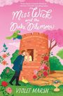 „Miss Wick and the Duke Dilemma“. Illustration: Ein Paar am Turm, umgeben von Blumen, Papageien und rosa Himmel.