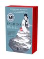Buchcover: "Pachinko" von Min Jin Lee. Illustration einer Frau in traditioneller Kleidung vor einer Gebirgslandschaft.
