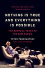 Buchtitel groß: "NOTHING IS TRUE AND EVERYTHING IS POSSIBLE". Frau auf Sofa mit drei Hunden.