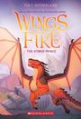 „Wings of Fire: The Hybrid Prince“ von Tui T. Sutherland. Ein orangefarbener Drache fliegt vor futuristischen Gebäuden.