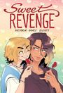 „Sweet Revenge“ und „Victoria Grace Elliott“ oben. Illustration: Zwei Figuren mit Lollipops, fröhlich, pastellfarbener Hintergrund.