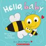 „Hello, baby“ in großen Buchstaben, darunter eine fröhliche Biene mit Baby und Herz, vor blauem Hintergrund.