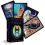 "INITIATES ORACLE" auf Box. Tarotkarten mit mystischen Illustrationen: Vogel, Gottheit, Mond und Krähe.