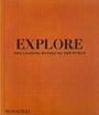 TEXT: "EXPLORE THE LEADING HOTELS OF THE WORLD" und "MONACELLI". Cover mit geprägtem, ornamentiertem Muster in Orange.