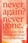 „never again? never gone. OLD AND NEW ANTISEMITISM michael wolffsohn“ in roter Schrift auf abstraktem, orangenem Hintergrund.