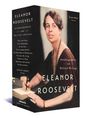 Buchtitel: "ELEANOR ROOSEVELT: Autobiographies and Political Writings". Foto von Eleanor Roosevelt beim Schreiben an einem Tisch.