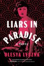 "Liars in Paradise: A Novel" von Olesya Lyuzna. Frau in Retro-Stil vor geometrischem Muster in Rosa und Schwarz.