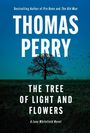 „THOMAS PERRY. THE TREE OF LIGHT AND FLOWERS. A Jane Whitefield Novel.“ Einsamer Baum vor blauem Himmel, Vogelschwarm.