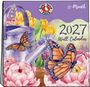 "2027 Wall Calendar" und "12-Month". Illustration: Gießkanne, Schmetterlinge, bunte Blumen. Oben ein rundes Logo.