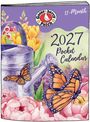 "2027 Pocket Calendar". Illustration mit Gießkanne, Schmetterlingen und Blumen in lebhaften Farben.