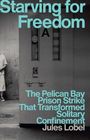 Text: "Starving for Freedom: The Pelican Bay Prison Strike and the Fight Against Solitary Confinement" von Jules Lobel. Eine Zellentür, ein Teil eines Mannes ist sichtbar.