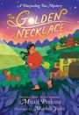 „A Darjeeling Tea Mystery: The Golden Necklace“. Frau mit Taschenlampe, Berge und Häuser in bunten Farben.