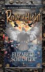 "Blood of the Raven, Book 3", "Ravenflight", "Elizabeth Schechter". 

Ein großer fliegender Rabe, umgeben von blühenden Zweigen.