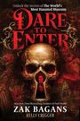 "Dare to Enter" in roter Schrift. Schädel mit Schlüsselloch zeigt ein Bild. Düsteres, detailliertes Design.