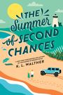 „The Summer of Second Chances“ von K. L. Walther. Strand-Illustration mit Leuchtturm, Sonne, Paar und Auto.