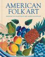 "AMERICAN FOLK ART" in blauen Buchstaben, darunter bunte Früchte und Blätter in einem dekorativen Stil.