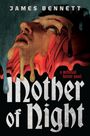 "Mother of Night" steht in großen Buchstaben, darunter "a medieval horror novel". Gesicht mit fließenden Farben.