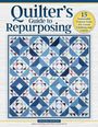 "Quilter's Guide to Repurposing" steht oben. Patchwork-Muster mit Blau- und Weißtönen im Hintergrund.