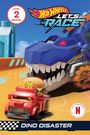 Text: "LEVEL 2 READER", "HOT WHEELS LET'S RACE", "DINO DISASTER". Illustration: Roter Truck entkommt blauem Dinosaurier.