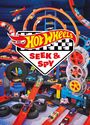 Der Text "Hot Wheels Seek & Spy" steht vor einer Rennbahn mit Spielzeugautos und Loopings.