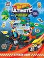 "Hot Wheels Ultimate Garage" und "600+ Stickers". Bunte Rennstrecke mit Dinosaurier, Autos und Aufklebern.