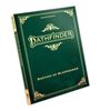 Auf grünem Hintergrund steht: "Second Edition, Pathfinder, Bastion of Blasphemies." Verziert mit goldenen Ornamenten.