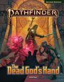 „Pathfinder Second Edition“, „The Dead God's Hand by Erik Mona“. Illustration: Drei Abenteurer vor einem Tor mit dramatischem Licht.