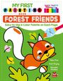"MY FIRST PAINTING BOOK FOREST FRIENDS. Illustration: Ein fröhliches Eichhörnchen mit Malpinsel, bunte Blätter umgeben es."