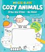 "Magic Slate: Cozy Animals. Draw and Erase - No Mess! 60 Easy Drawings." Bunte Tierillustrationen auf blauem Hintergrund.