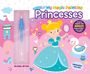 "Fill with water to paint. No mess, all fun! Colors appear like MAGIC then vanish – paint again & again. Illustration von Prinzessin in blauem Kleid mit Krone, Schwan und Schloss."