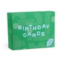 Text: "BIRTHDAY CARDS", "10 CARDS & ENVELOPES". Grüne Schachtel mit geometrischen Mustern.