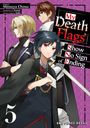 Titel: "My Death Flags Show No Sign of Ending". Drei Anime-Charaktere in unterschiedlicher Kleidung, Nummer 5.