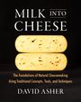 Text: "MILK INTO CHEESE" und "DAVID ASHER". Zwei Käsestücke übereinander auf schwarzem Hintergrund.