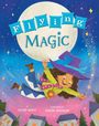 „Flying Magic“: Fröhliche junge Hexe fliegt vor Mond über eine Stadt, schwingt Zauberstab, bunte Sterne umgeben sie.