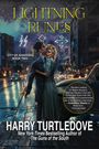 „LIGHTNING RUNES“, „CITY OF SHADOWS BOOK TWO“. Mann und Frau in Retro-Kleidung auf nächtlicher Straßenkulisse.