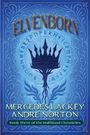 „ELVENBORN“, „Mercedes Lackey“, „Andre Norton“. Blaue Krone auf dekorativem Hintergrund mit mustergültigen Verzierungen.