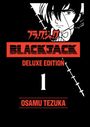 "BLACKJACK DELUXE EDITION 1 OSAMU TEZUKA" in Rot auf Schwarz. Links ein Manga-Porträt mit Narben.