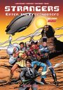"STRANGERS: Enter the Freeshooters. Guest-starring Waki." Illustration einer Gruppe von Helden vor einer Sphinx und einem Zeppelin.