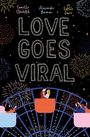 „LOVE GOES VIRAL“ in großen Buchstaben, umgeben von bunten Feuerwerken. Ein Riesenrad mit Paaren in Gondeln.