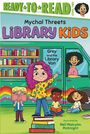 Titel: "Library Kids". Kinder lesen vor einem Bücherwagen. Bunte, lebendige Farben.