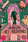 "Aarzu All Around", "Marzieh Abbas". Eine Illustration zeigt eine Frau mit Kricket-Schläger, umgeben von Blumen und Symbolen.
