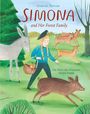 "SIMONA and Her Forest Family", Illustration mit Mädchen, das von Tieren umgeben ist: Esel, Eber, Rehe und ein Korb mit Katze.